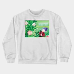 Purple Hat Gnome behind a wild rose bush Crewneck Sweatshirt